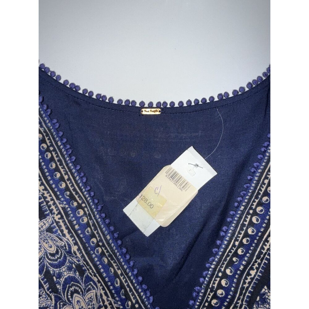 Free People My‎ Love Mini Dress Boho Hippie Balloon Sleeve Blue Floral Patch XS - Picture 14 of 16